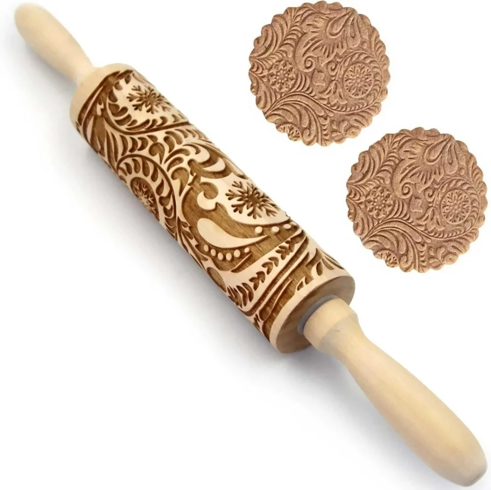 2 Wooden Christmas Holiday Embossed Rolling Pins Reindeer Trees Scroll Pattern